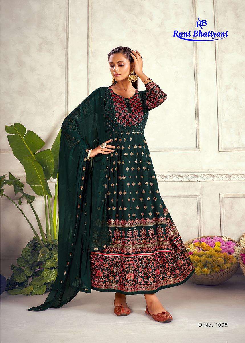 AARADHYA VOL-1 BY RANI BHATIYANI 1001 TO 1008 SERIES BEAUTIFUL STYLISH FANCY COLORFUL CASUAL WEAR & ETHNIC WEAR RAYON FOIL PRINT GOWNS WITH DUPATTA AT WHOLESALE PRICE