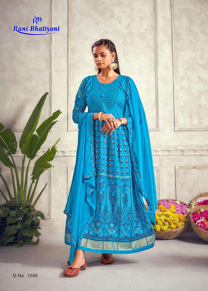AARADHYA VOL-1 BY RANI BHATIYANI 1001 TO 1008 SERIES BEAUTIFUL STYLISH FANCY COLORFUL CASUAL WEAR & ETHNIC WEAR RAYON FOIL PRINT GOWNS WITH DUPATTA AT WHOLESALE PRICE