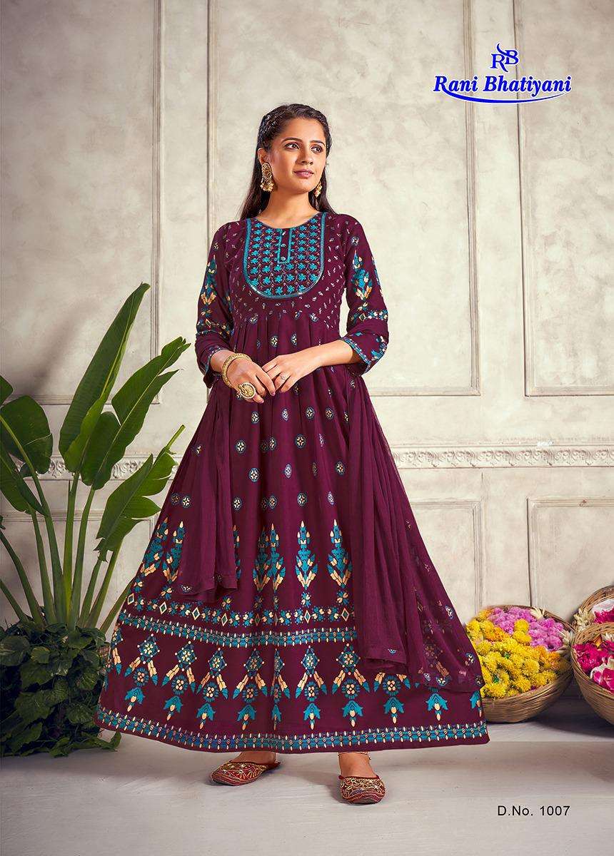 AARADHYA VOL-1 BY RANI BHATIYANI 1001 TO 1008 SERIES BEAUTIFUL STYLISH FANCY COLORFUL CASUAL WEAR & ETHNIC WEAR RAYON FOIL PRINT GOWNS WITH DUPATTA AT WHOLESALE PRICE