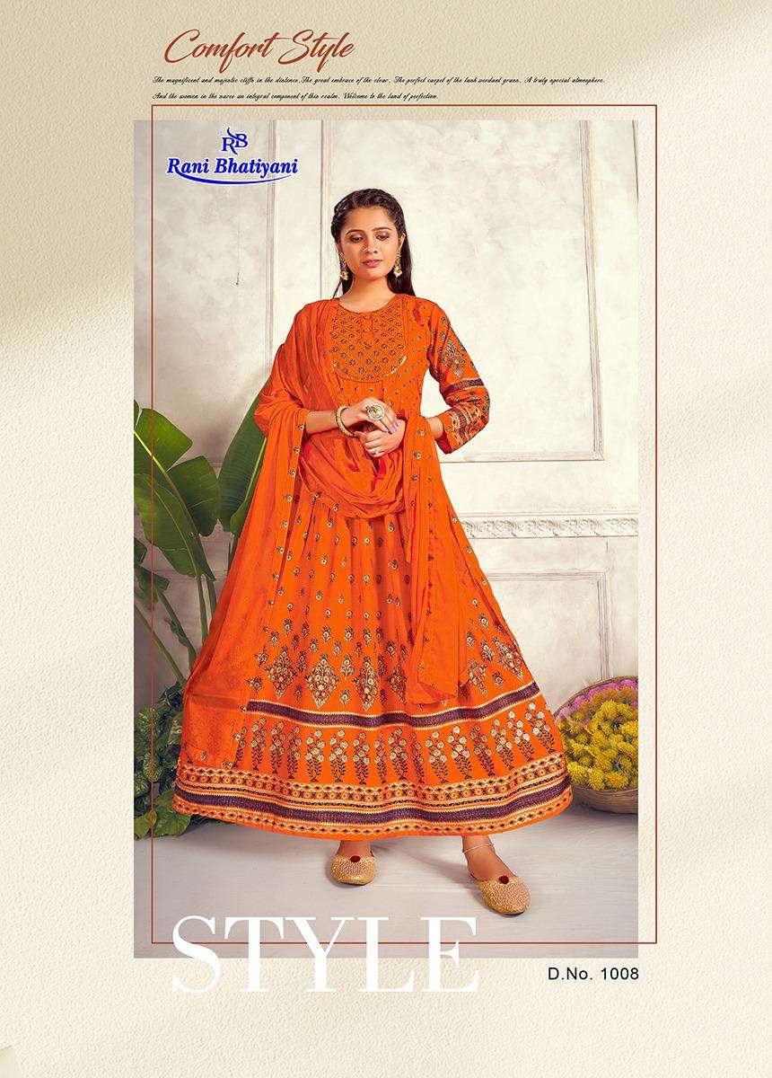 AARADHYA VOL-1 BY RANI BHATIYANI 1001 TO 1008 SERIES BEAUTIFUL STYLISH FANCY COLORFUL CASUAL WEAR & ETHNIC WEAR RAYON FOIL PRINT GOWNS WITH DUPATTA AT WHOLESALE PRICE