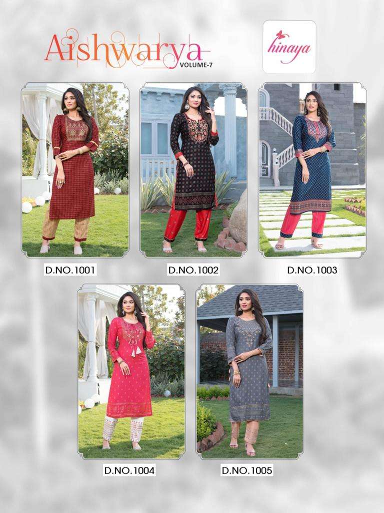 AISHWARYA VOL-7 BY HINAYA 1001 TO 1005 SERIES DESIGNER STYLISH FANCY COLORFUL BEAUTIFUL PARTY WEAR & ETHNIC WEAR COLLECTION RAYON PRINT KURTIS WITH BOTTOM AT WHOLESALE PRICE