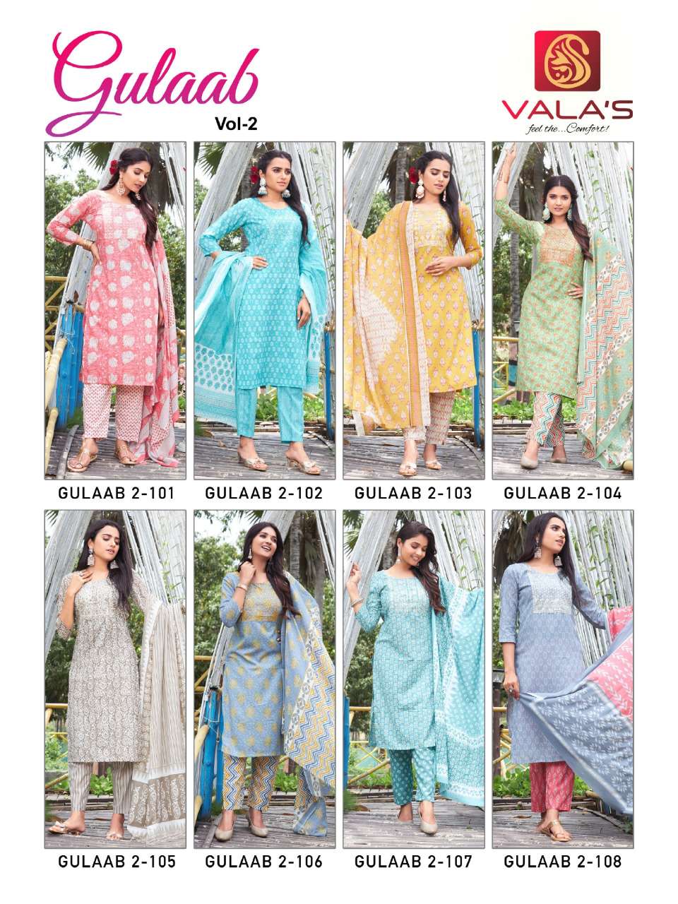 GULAAB VOL-2 BY VALAS 101 TO 108 SERIES BEAUTIFUL SUITS COLORFUL STYLISH FANCY CASUAL WEAR & ETHNIC WEAR COTTON DRESSES AT WHOLESALE PRICE