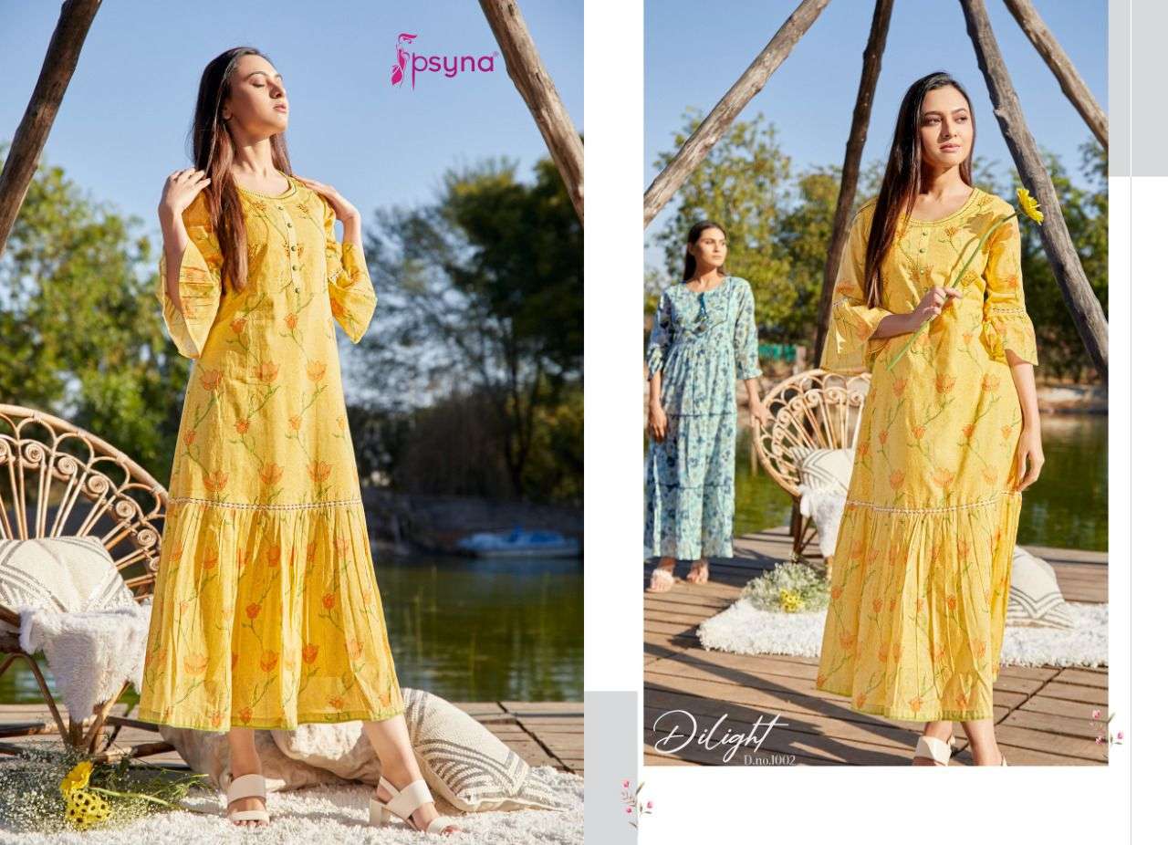 DILIGHT BY PSYNA 1001 TO 1006 SERIES BEAUTIFUL STYLISH FANCY COLORFUL CASUAL WEAR & ETHNIC WEAR COTTON MAL PRINT GOWNS AT WHOLESALE PRICE