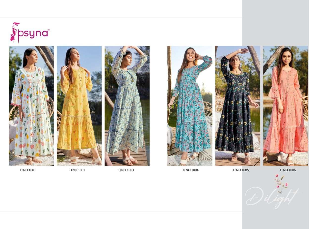 DILIGHT BY PSYNA 1001 TO 1006 SERIES BEAUTIFUL STYLISH FANCY COLORFUL CASUAL WEAR & ETHNIC WEAR COTTON MAL PRINT GOWNS AT WHOLESALE PRICE