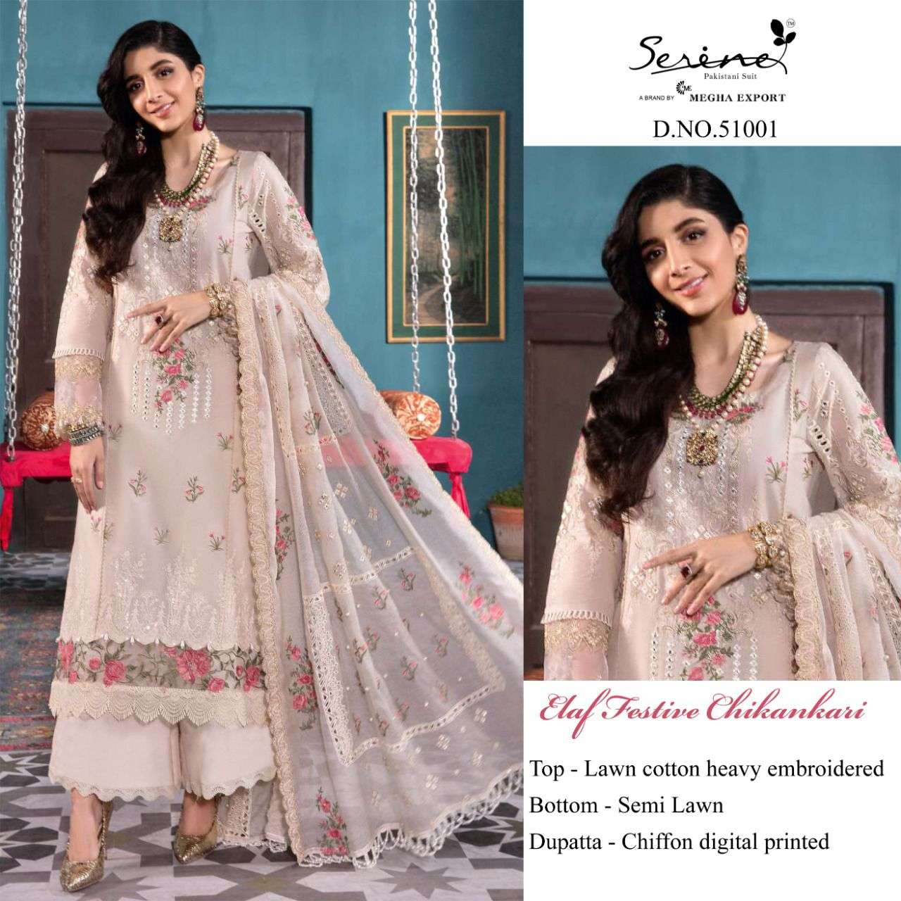 ELAF FESTIVE CHIKANKARI BY SERENE 51001 TO 51005 SERIES DESIGNER PAKISTANI SUITS BEAUTIFUL STYLISH FANCY COLORFUL PARTY WEAR & OCCASIONAL WEAR LAWN COTTON EMBROIDERY DRESSES AT WHOLESALE PRICE