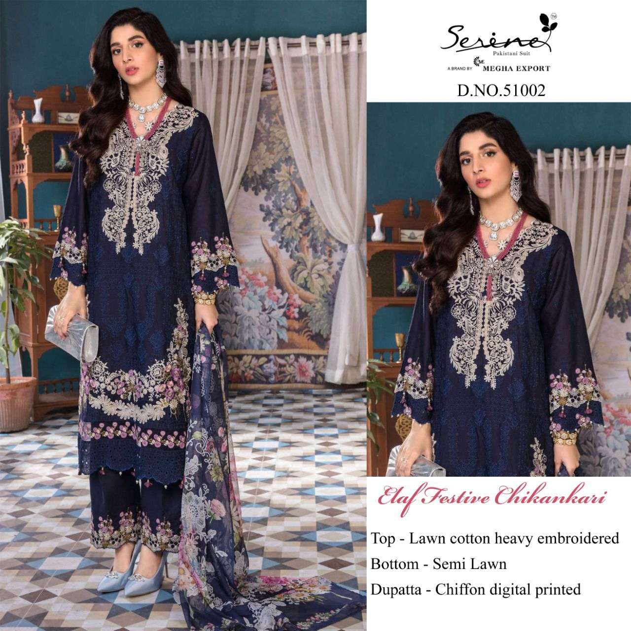 ELAF FESTIVE CHIKANKARI BY SERENE 51001 TO 51005 SERIES DESIGNER PAKISTANI SUITS BEAUTIFUL STYLISH FANCY COLORFUL PARTY WEAR & OCCASIONAL WEAR LAWN COTTON EMBROIDERY DRESSES AT WHOLESALE PRICE