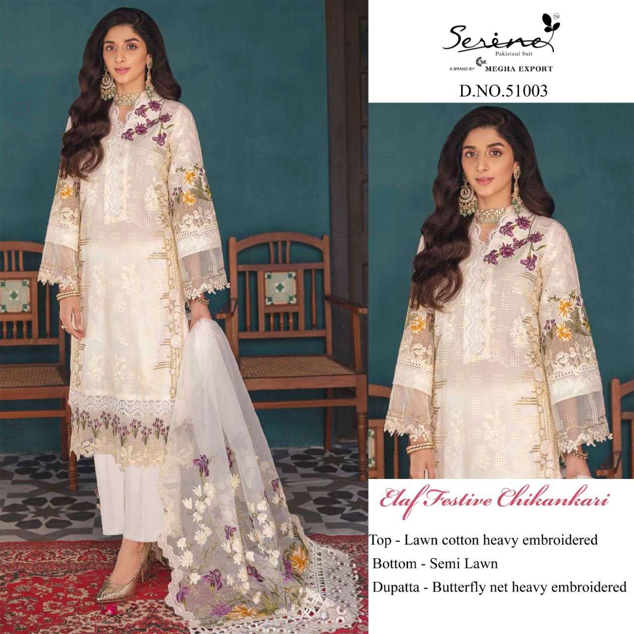 ELAF FESTIVE CHIKANKARI BY SERENE 51001 TO 51005 SERIES DESIGNER PAKISTANI SUITS BEAUTIFUL STYLISH FANCY COLORFUL PARTY WEAR & OCCASIONAL WEAR LAWN COTTON EMBROIDERY DRESSES AT WHOLESALE PRICE