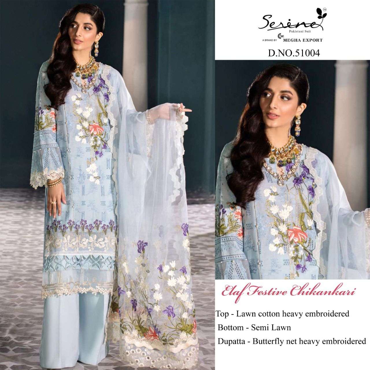 ELAF FESTIVE CHIKANKARI BY SERENE 51001 TO 51005 SERIES DESIGNER PAKISTANI SUITS BEAUTIFUL STYLISH FANCY COLORFUL PARTY WEAR & OCCASIONAL WEAR LAWN COTTON EMBROIDERY DRESSES AT WHOLESALE PRICE