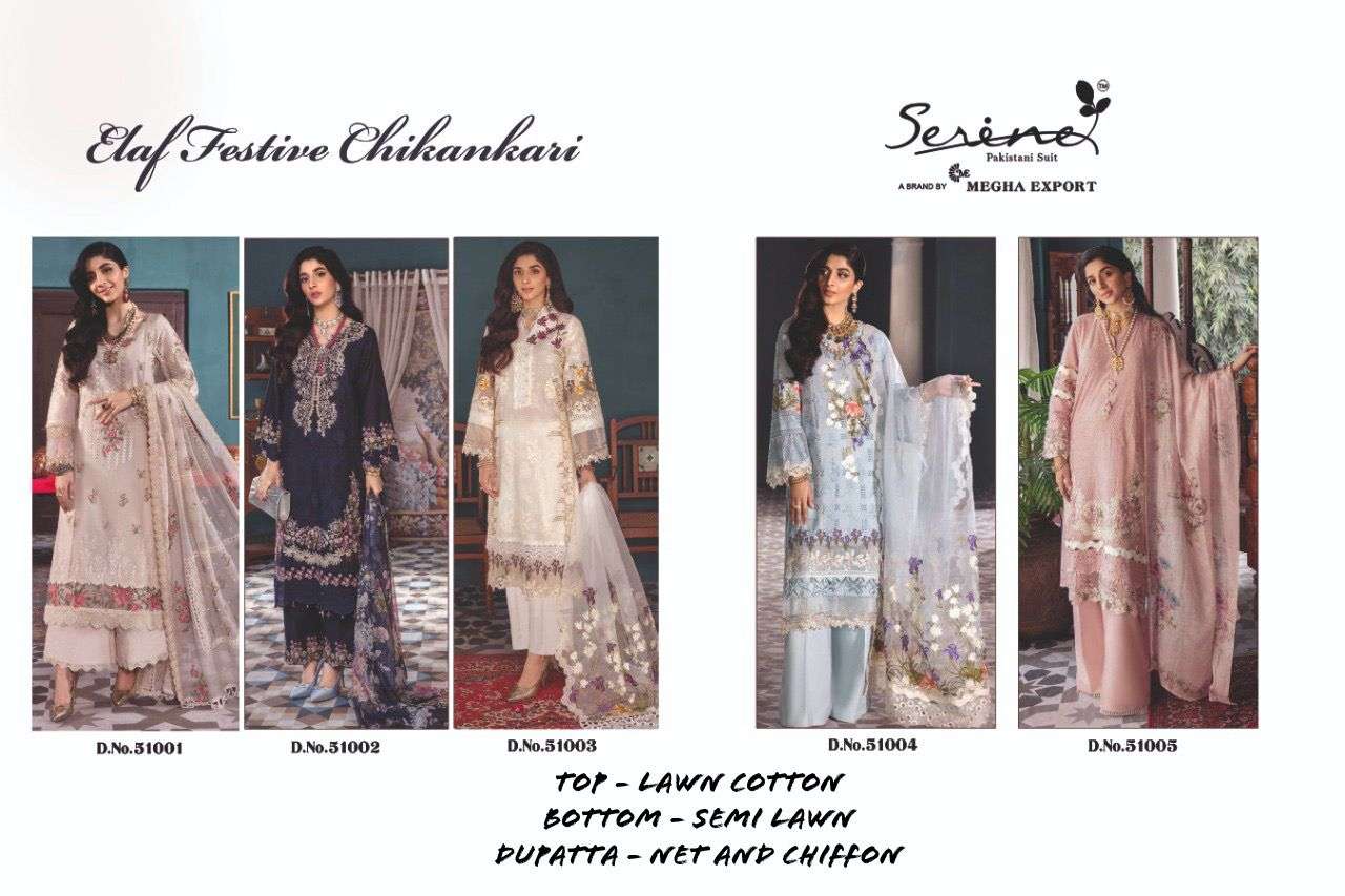 ELAF FESTIVE CHIKANKARI BY SERENE 51001 TO 51005 SERIES DESIGNER PAKISTANI SUITS BEAUTIFUL STYLISH FANCY COLORFUL PARTY WEAR & OCCASIONAL WEAR LAWN COTTON EMBROIDERY DRESSES AT WHOLESALE PRICE