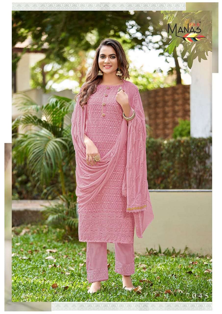 SCHIFFLI VOL-8 BY MANAS FAB 7043 TO 7048 SERIES BEAUTIFUL SUITS COLORFUL STYLISH FANCY CASUAL WEAR & ETHNIC WEAR GEORGETTE WITH SCHIFFLI WORK DRESSES AT WHOLESALE PRICE
