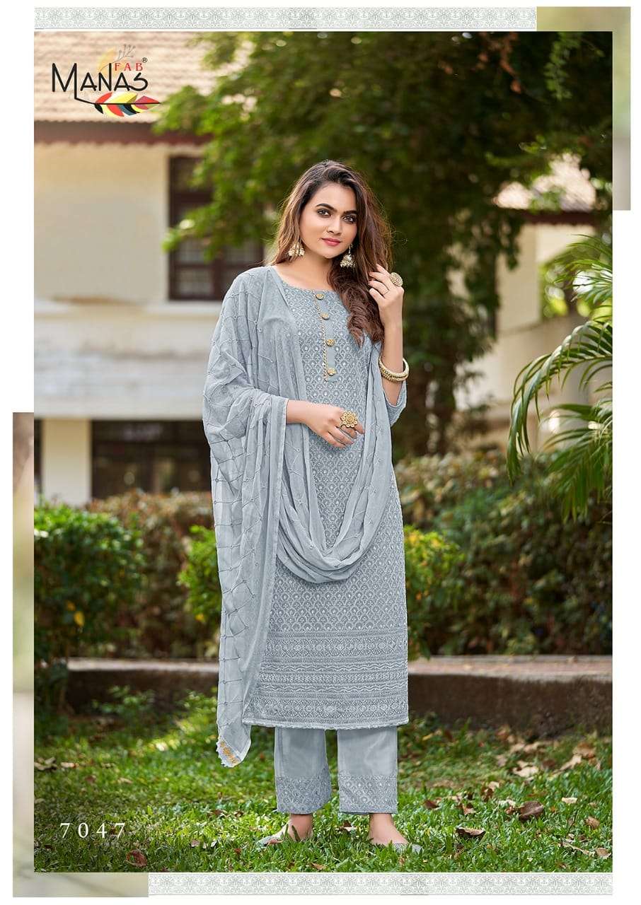 SCHIFFLI VOL-8 BY MANAS FAB 7043 TO 7048 SERIES BEAUTIFUL SUITS COLORFUL STYLISH FANCY CASUAL WEAR & ETHNIC WEAR GEORGETTE WITH SCHIFFLI WORK DRESSES AT WHOLESALE PRICE