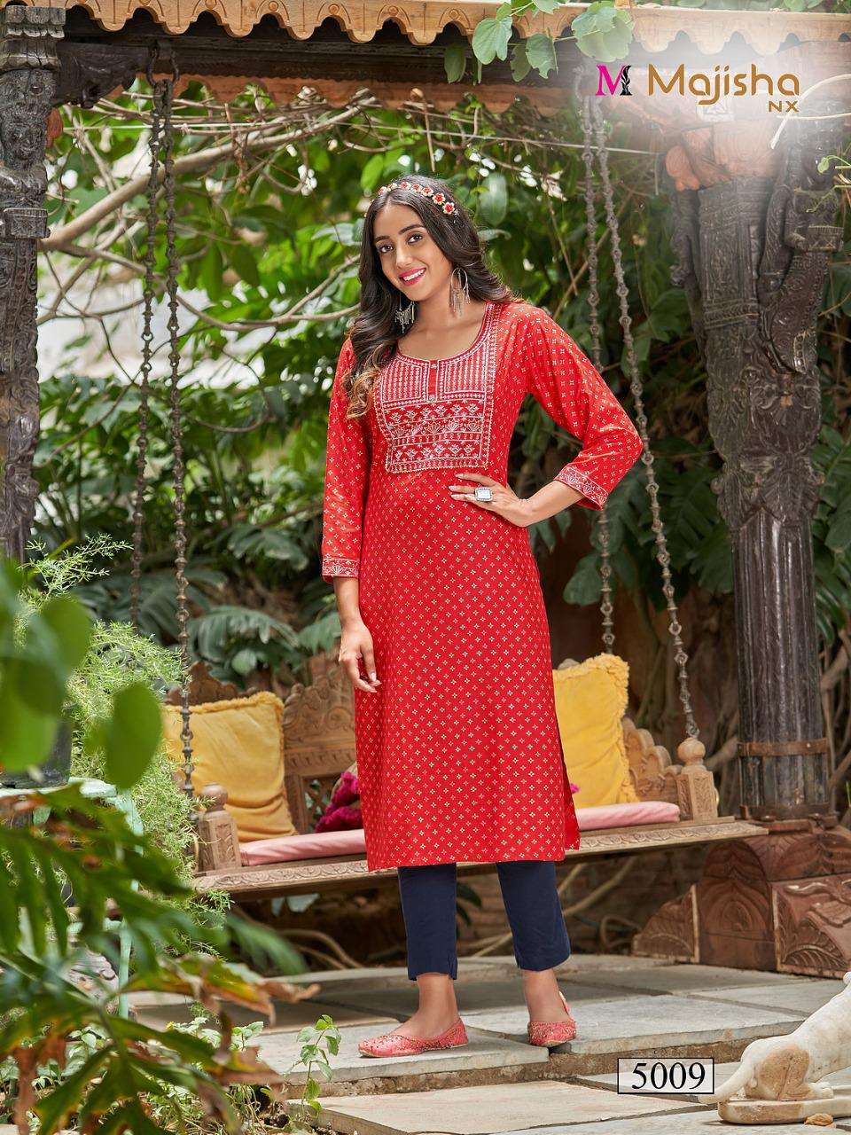 POSHAK VOL-5 BY MAJISHA NX 5001 TO 5010 SERIES DESIGNER STYLISH FANCY COLORFUL BEAUTIFUL PARTY WEAR & ETHNIC WEAR COLLECTION PURE RAYON KURTIS AT WHOLESALE PRICE