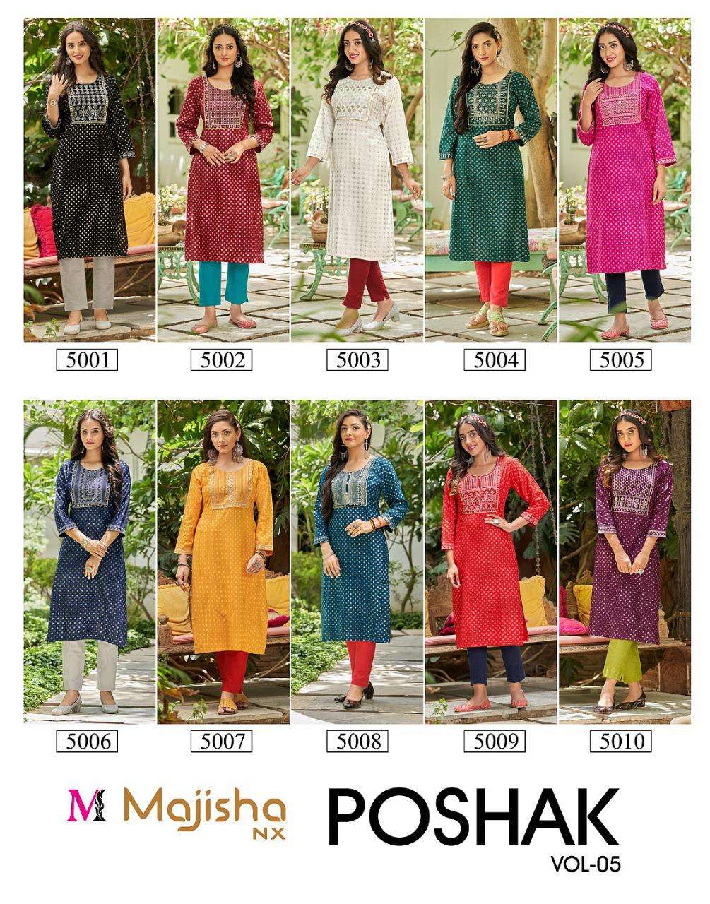 POSHAK VOL-5 BY MAJISHA NX 5001 TO 5010 SERIES DESIGNER STYLISH FANCY COLORFUL BEAUTIFUL PARTY WEAR & ETHNIC WEAR COLLECTION PURE RAYON KURTIS AT WHOLESALE PRICE