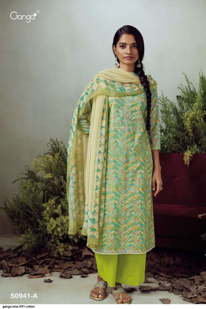 INNA-941 BY GANGA FASHION 941-A TO 941-D SERIES BEAUTIFUL SUITS COLORFUL STYLISH FANCY CASUAL WEAR & ETHNIC WEAR SUPERIOR COTTON PRINT WITH EMBROIDERY WORK DRESSES AT WHOLESALE PRICE