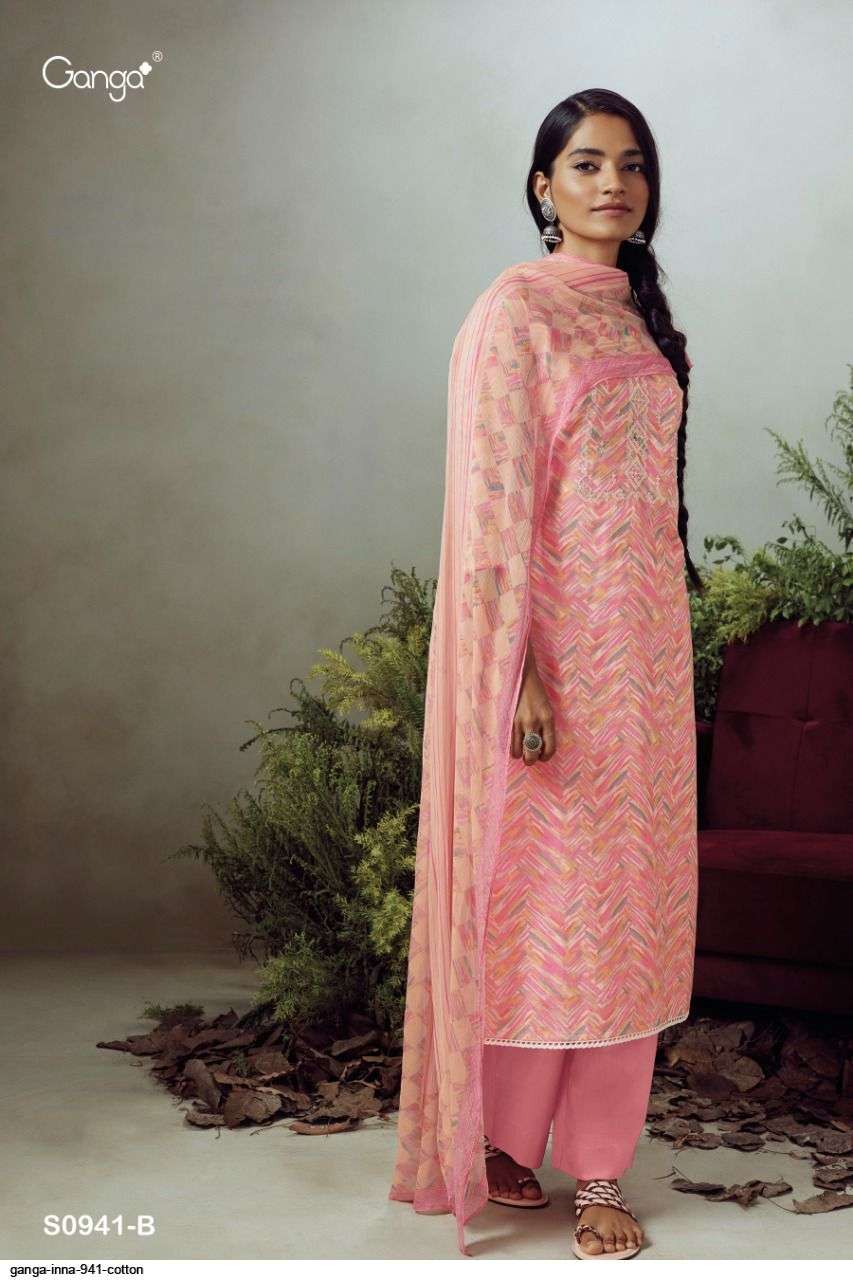 INNA-941 BY GANGA FASHION 941-A TO 941-D SERIES BEAUTIFUL SUITS COLORFUL STYLISH FANCY CASUAL WEAR & ETHNIC WEAR SUPERIOR COTTON PRINT WITH EMBROIDERY WORK DRESSES AT WHOLESALE PRICE