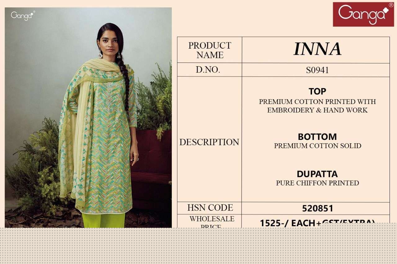 INNA-941 BY GANGA FASHION 941-A TO 941-D SERIES BEAUTIFUL SUITS COLORFUL STYLISH FANCY CASUAL WEAR & ETHNIC WEAR SUPERIOR COTTON PRINT WITH EMBROIDERY WORK DRESSES AT WHOLESALE PRICE
