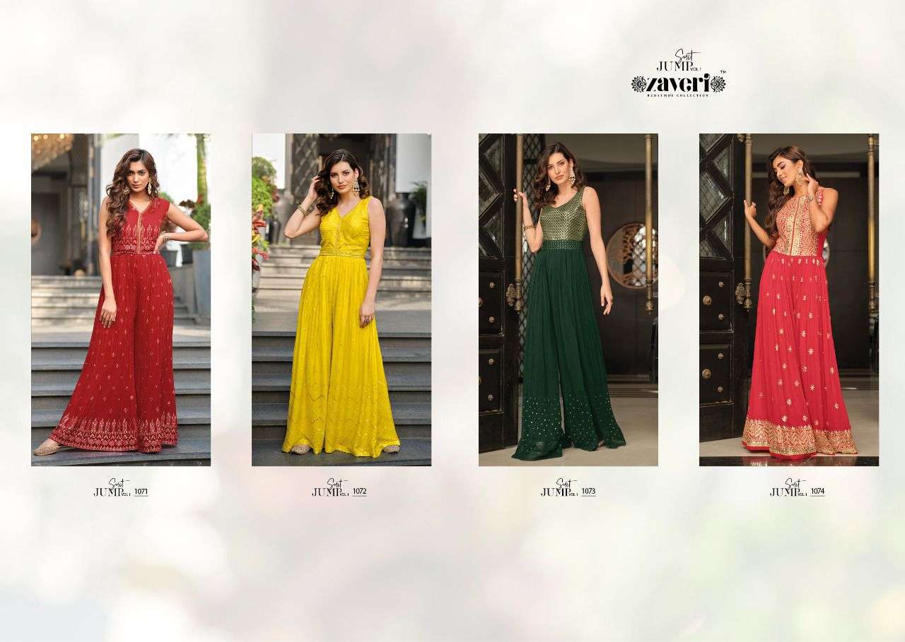 JUMPSUIT BY ZAVERI 1071 TO 1074 SERIES DESIGNER STYLISH FANCY COLORFUL BEAUTIFUL PARTY WEAR & ETHNIC WEAR COLLECTION CHINNON JUMPSUIT AT WHOLESALE PRICE