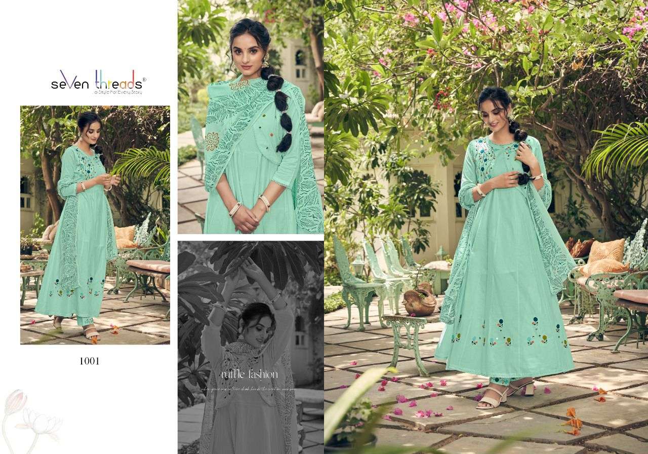 ANARKALI BY SEVEN THREADS 1001 TO 1007 SERIES BEAUTIFUL STYLISH ANARKALI SUITS FANCY COLORFUL CASUAL WEAR & ETHNIC WEAR & READY TO WEAR PURE COTTON EMBROIDERED DRESSES AT WHOLESALE PRICE