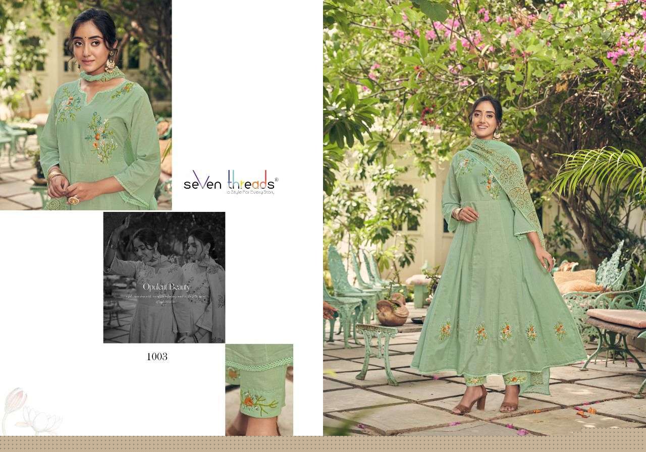 ANARKALI BY SEVEN THREADS 1001 TO 1007 SERIES BEAUTIFUL STYLISH ANARKALI SUITS FANCY COLORFUL CASUAL WEAR & ETHNIC WEAR & READY TO WEAR PURE COTTON EMBROIDERED DRESSES AT WHOLESALE PRICE