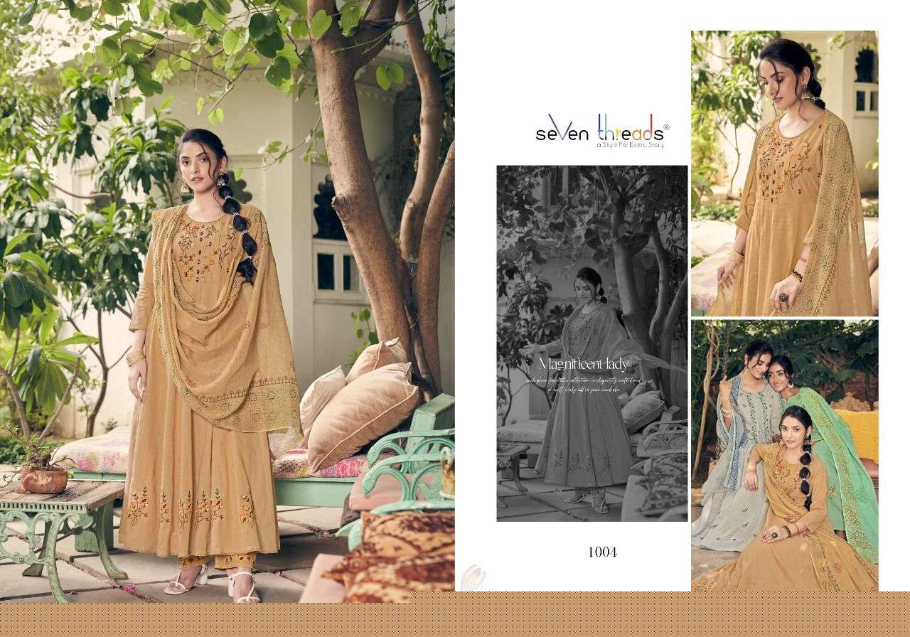 ANARKALI BY SEVEN THREADS 1001 TO 1007 SERIES BEAUTIFUL STYLISH ANARKALI SUITS FANCY COLORFUL CASUAL WEAR & ETHNIC WEAR & READY TO WEAR PURE COTTON EMBROIDERED DRESSES AT WHOLESALE PRICE