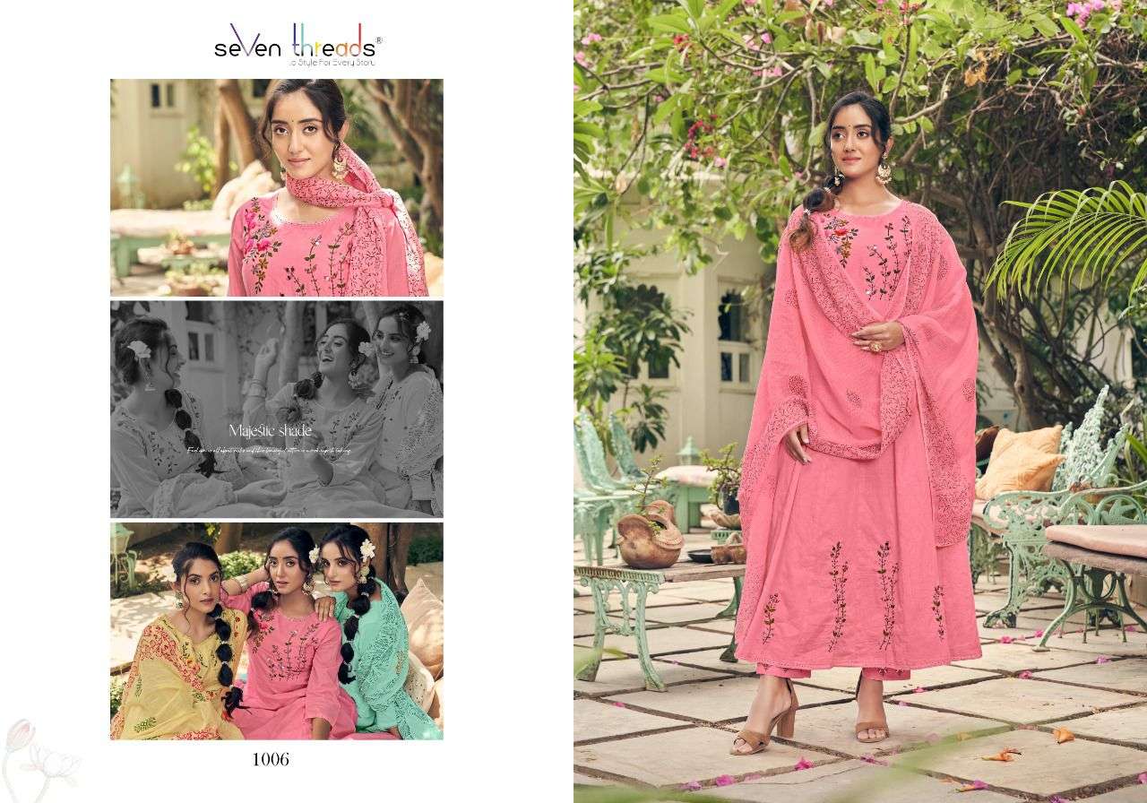 ANARKALI BY SEVEN THREADS 1001 TO 1007 SERIES BEAUTIFUL STYLISH ANARKALI SUITS FANCY COLORFUL CASUAL WEAR & ETHNIC WEAR & READY TO WEAR PURE COTTON EMBROIDERED DRESSES AT WHOLESALE PRICE