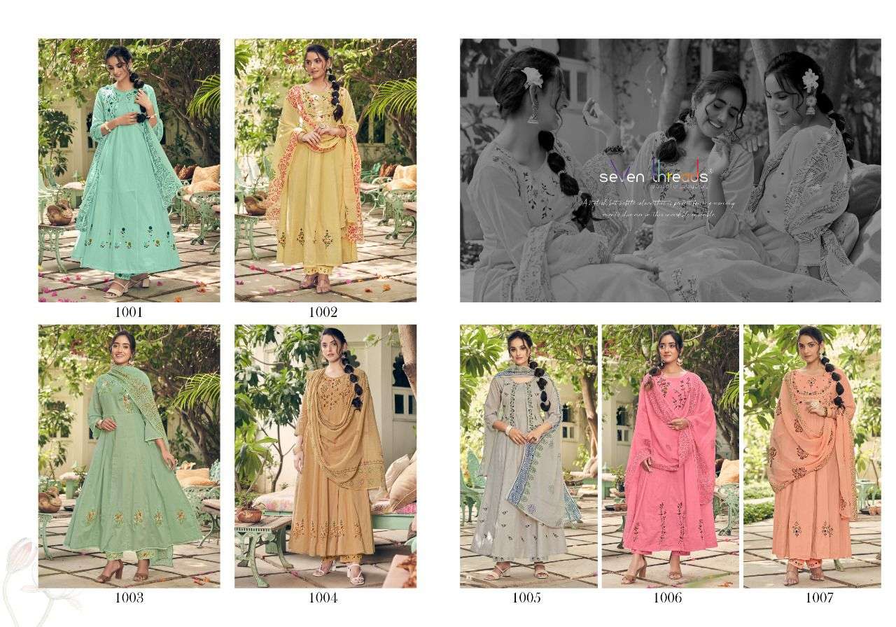 ANARKALI BY SEVEN THREADS 1001 TO 1007 SERIES BEAUTIFUL STYLISH ANARKALI SUITS FANCY COLORFUL CASUAL WEAR & ETHNIC WEAR & READY TO WEAR PURE COTTON EMBROIDERED DRESSES AT WHOLESALE PRICE