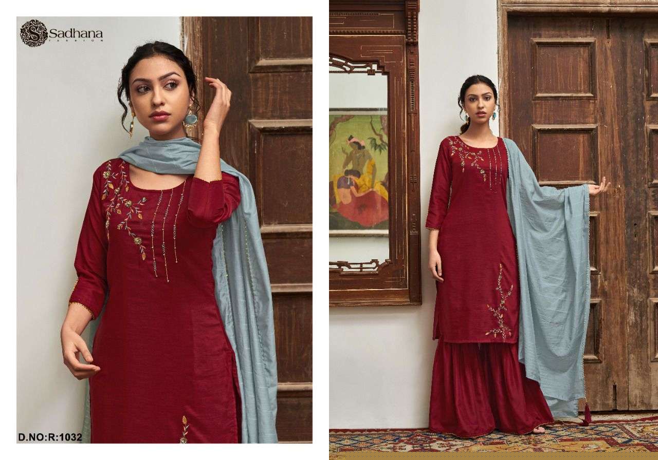 VICTORIA BY SADHANA FASHION 1032 TO 1037 SERIES BEAUTIFUL SHARARA SUITS COLORFUL STYLISH FANCY CASUAL WEAR & ETHNIC WEAR CHINNON SILK DRESSES AT WHOLESALE PRICE