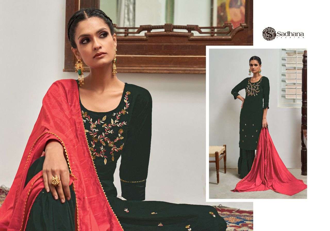 VICTORIA BY SADHANA FASHION 1032 TO 1037 SERIES BEAUTIFUL SHARARA SUITS COLORFUL STYLISH FANCY CASUAL WEAR & ETHNIC WEAR CHINNON SILK DRESSES AT WHOLESALE PRICE
