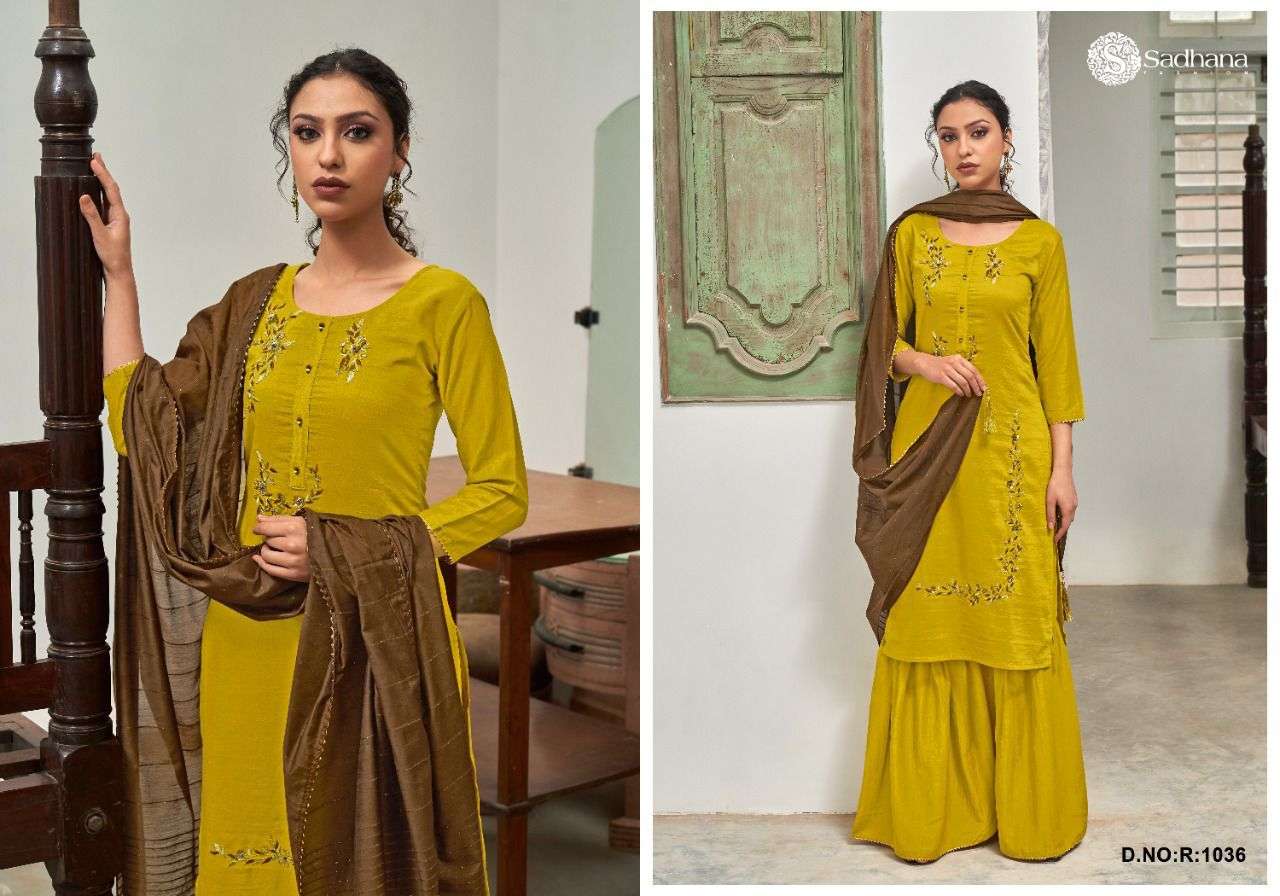 VICTORIA BY SADHANA FASHION 1032 TO 1037 SERIES BEAUTIFUL SHARARA SUITS COLORFUL STYLISH FANCY CASUAL WEAR & ETHNIC WEAR CHINNON SILK DRESSES AT WHOLESALE PRICE