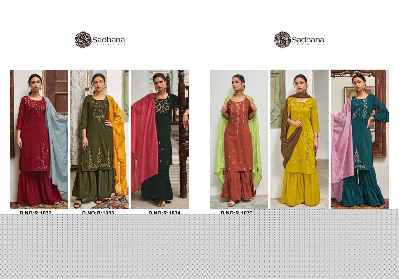 VICTORIA BY SADHANA FASHION 1032 TO 1037 SERIES BEAUTIFUL SHARARA SUITS COLORFUL STYLISH FANCY CASUAL WEAR & ETHNIC WEAR CHINNON SILK DRESSES AT WHOLESALE PRICE