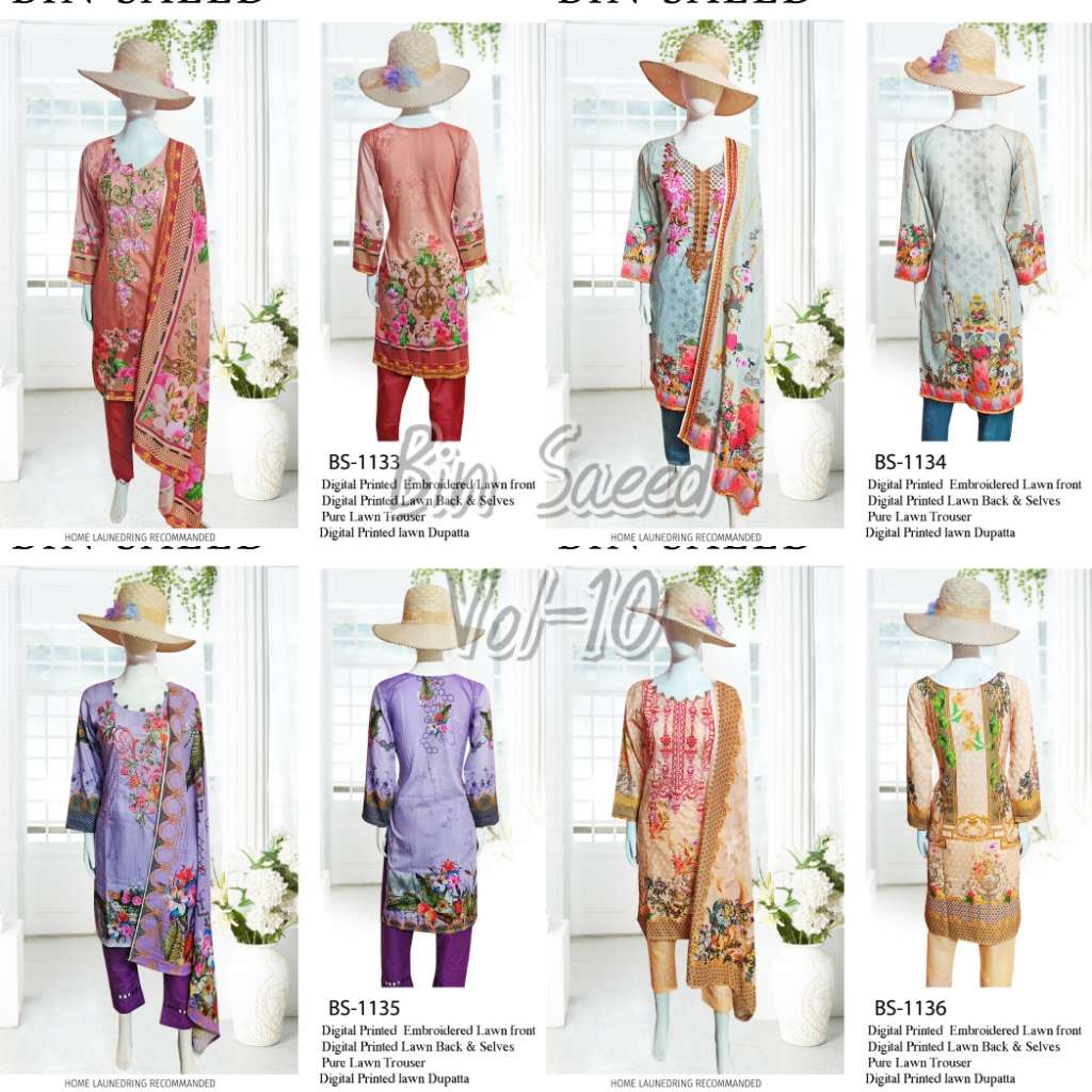 BIN SAEED VOL-10 BY BIN SAEED 1133 TO 1136 SERIES BEAUTIFUL PAKISTANI SUITS COLORFUL STYLISH FANCY CASUAL WEAR & ETHNIC WEAR LAWN EMBROIDERED DRESSES AT WHOLESALE PRICE