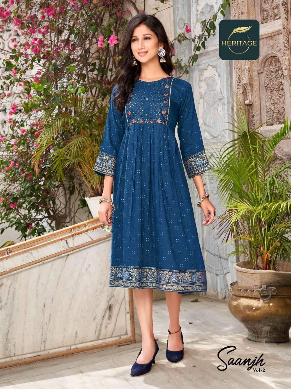 SAANJH VOL-2 BY HERITAGE 001 TO 006 SERIES DESIGNER STYLISH FANCY COLORFUL BEAUTIFUL PARTY WEAR & ETHNIC WEAR COLLECTION PURE RAYON KURTIS AT WHOLESALE PRICE