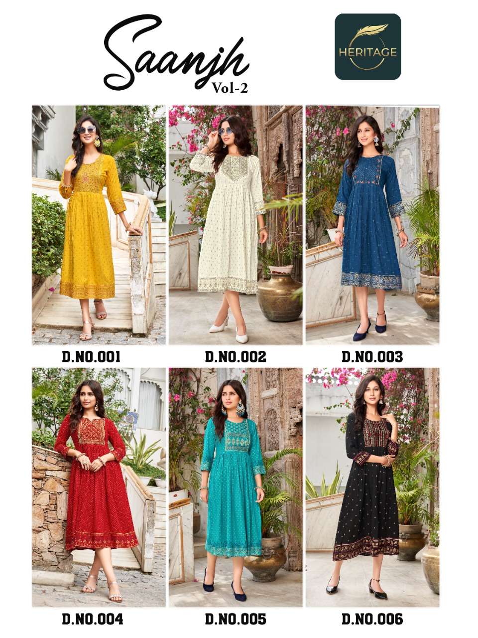 SAANJH VOL-2 BY HERITAGE 001 TO 006 SERIES DESIGNER STYLISH FANCY COLORFUL BEAUTIFUL PARTY WEAR & ETHNIC WEAR COLLECTION PURE RAYON KURTIS AT WHOLESALE PRICE