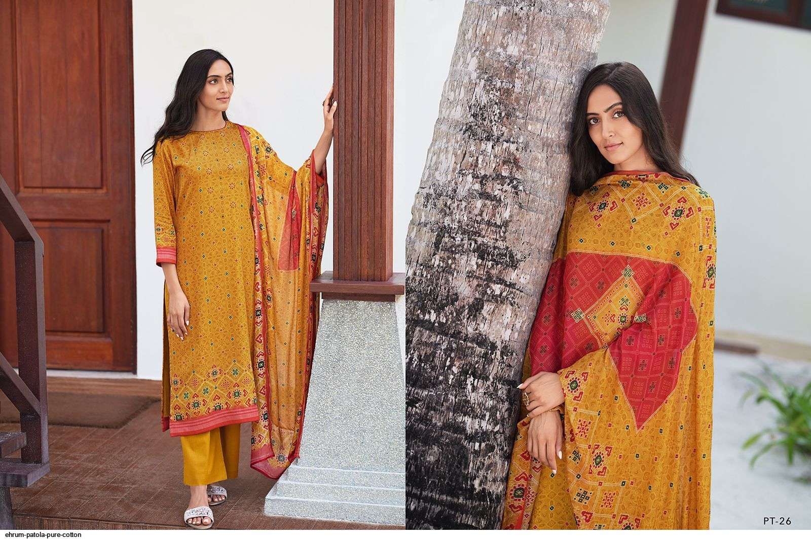 PATOLA BY EHRUM 21 TO 26 SERIES BEAUTIFUL SUITS COLORFUL STYLISH FANCY CASUAL WEAR & ETHNIC WEAR PURE COTTON PRINT DRESSES AT WHOLESALE PRICE