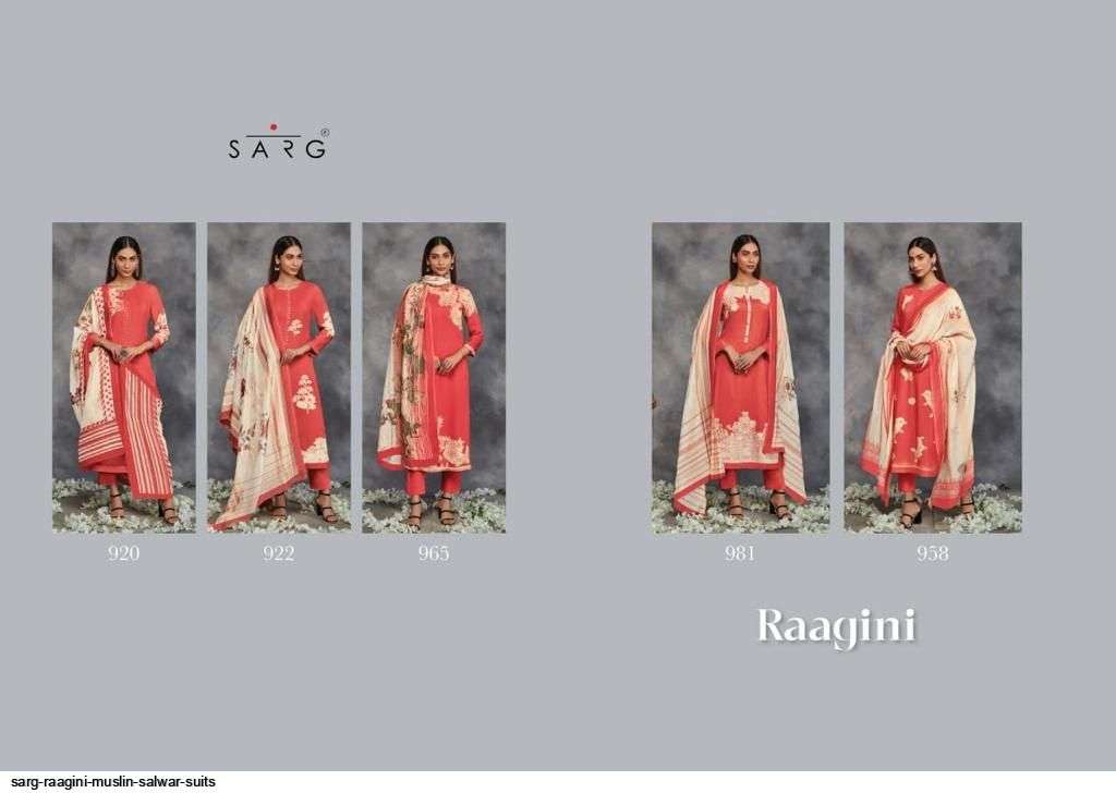 RAAGINI BY SARG BEAUTIFUL SUITS COLORFUL STYLISH FANCY CASUAL WEAR & ETHNIC WEAR MUSLIN SILK PRINT DRESSES AT WHOLESALE PRICE