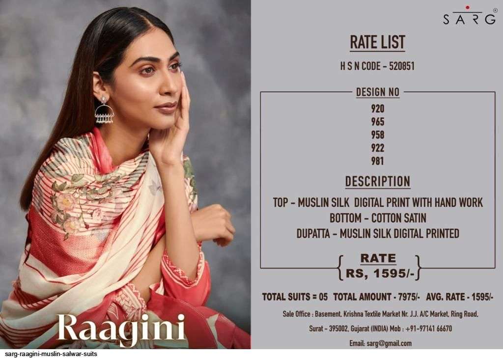 RAAGINI BY SARG BEAUTIFUL SUITS COLORFUL STYLISH FANCY CASUAL WEAR & ETHNIC WEAR MUSLIN SILK PRINT DRESSES AT WHOLESALE PRICE