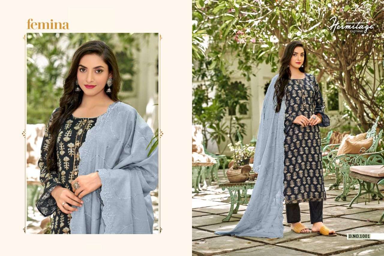 FEMINA BY HERMITAGE 1001 TO 1008 SERIES BEAUTIFUL SUITS COLORFUL STYLISH FANCY CASUAL WEAR & ETHNIC WEAR PURE COTTON SATIN PRINT DRESSES AT WHOLESALE PRICE