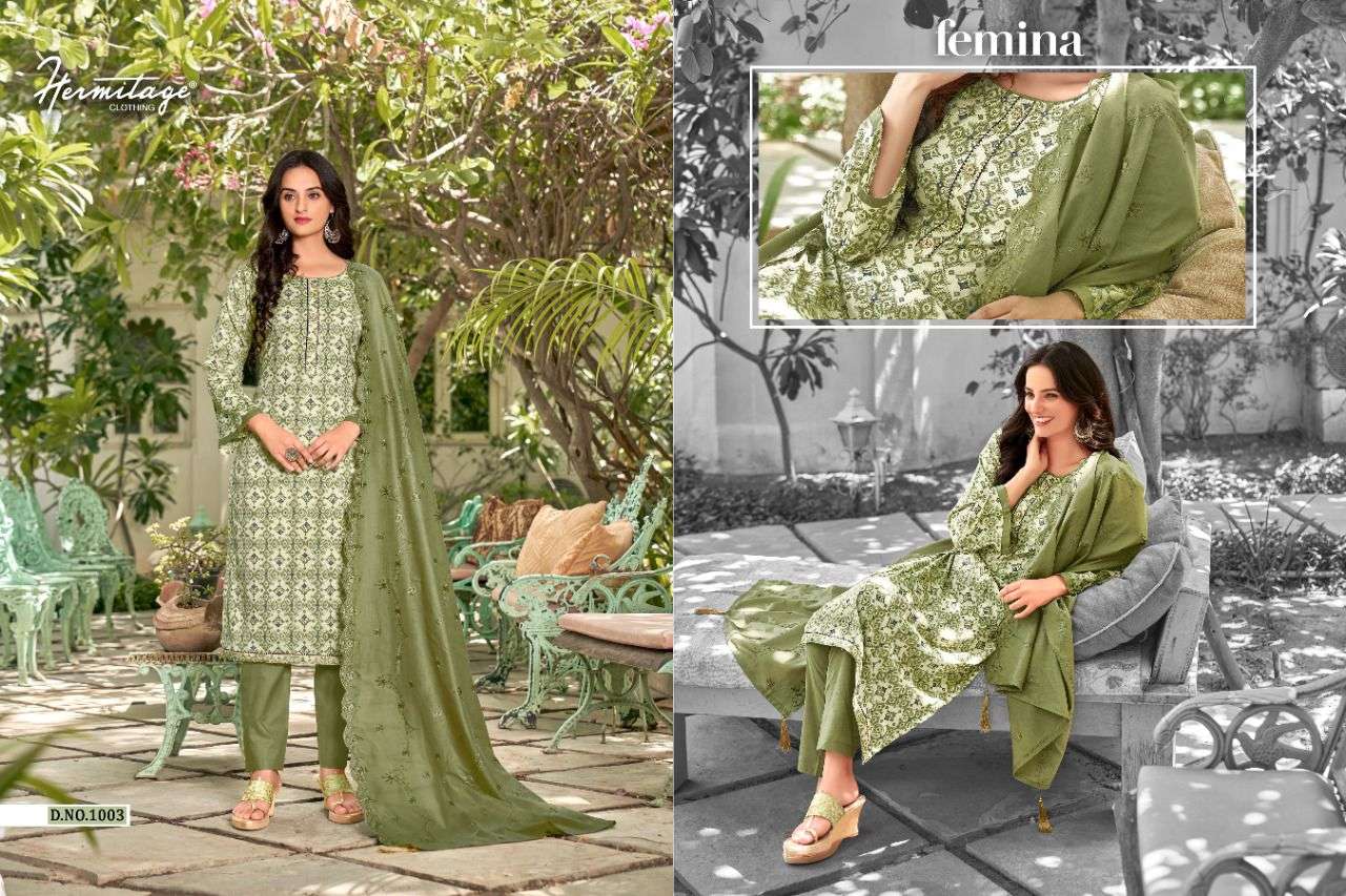 FEMINA BY HERMITAGE 1001 TO 1008 SERIES BEAUTIFUL SUITS COLORFUL STYLISH FANCY CASUAL WEAR & ETHNIC WEAR PURE COTTON SATIN PRINT DRESSES AT WHOLESALE PRICE