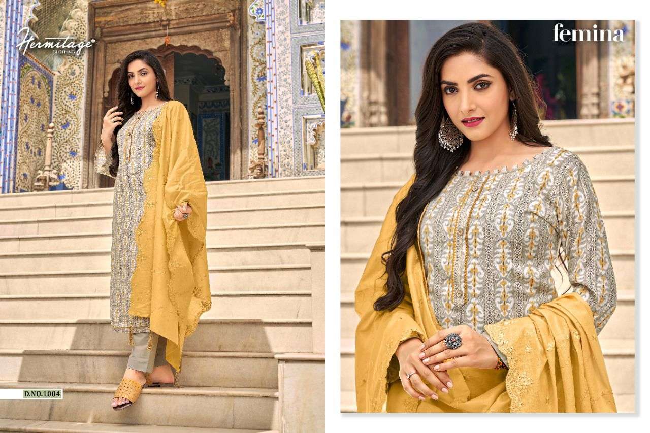 FEMINA BY HERMITAGE 1001 TO 1008 SERIES BEAUTIFUL SUITS COLORFUL STYLISH FANCY CASUAL WEAR & ETHNIC WEAR PURE COTTON SATIN PRINT DRESSES AT WHOLESALE PRICE