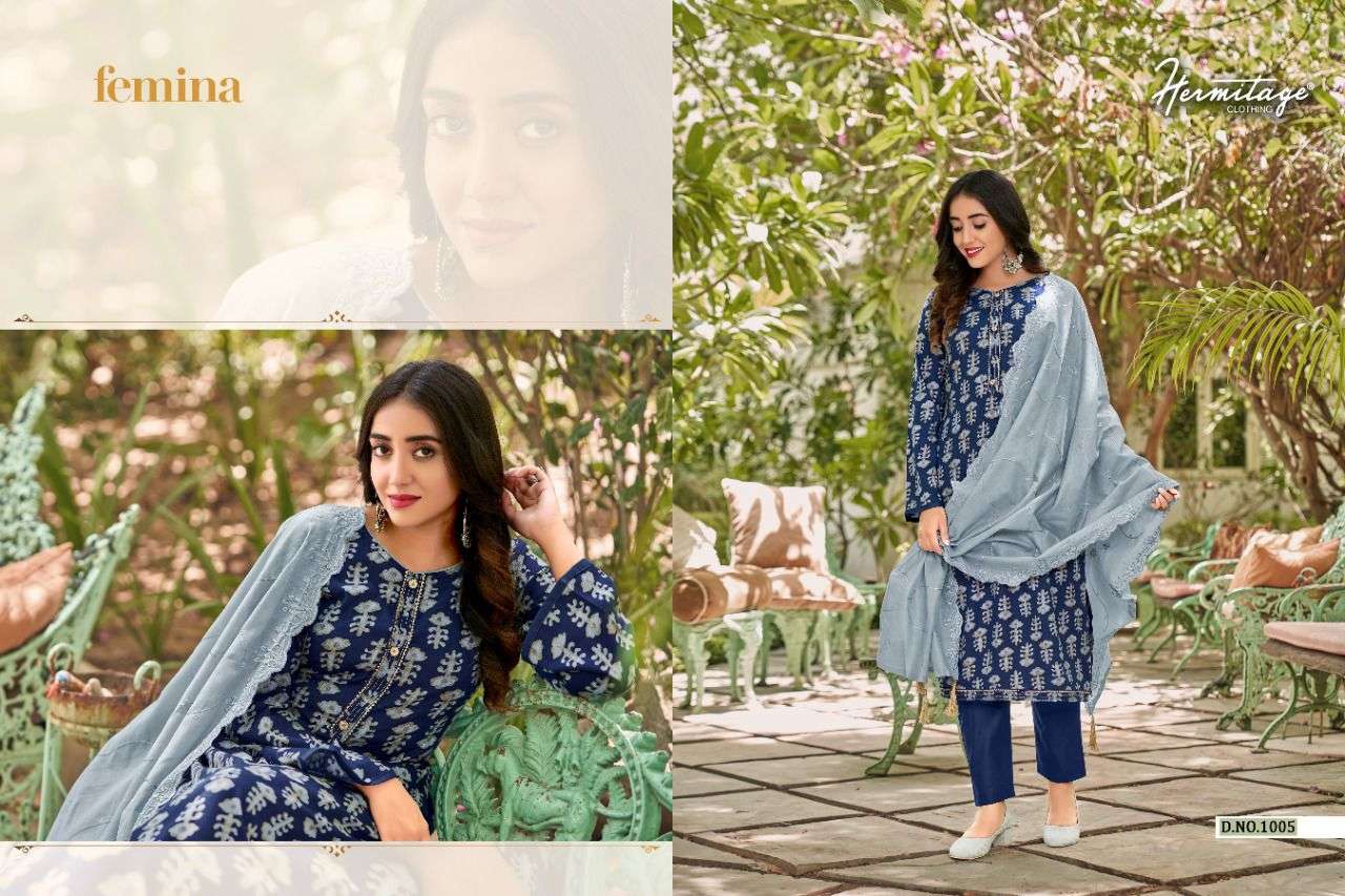 FEMINA BY HERMITAGE 1001 TO 1008 SERIES BEAUTIFUL SUITS COLORFUL STYLISH FANCY CASUAL WEAR & ETHNIC WEAR PURE COTTON SATIN PRINT DRESSES AT WHOLESALE PRICE