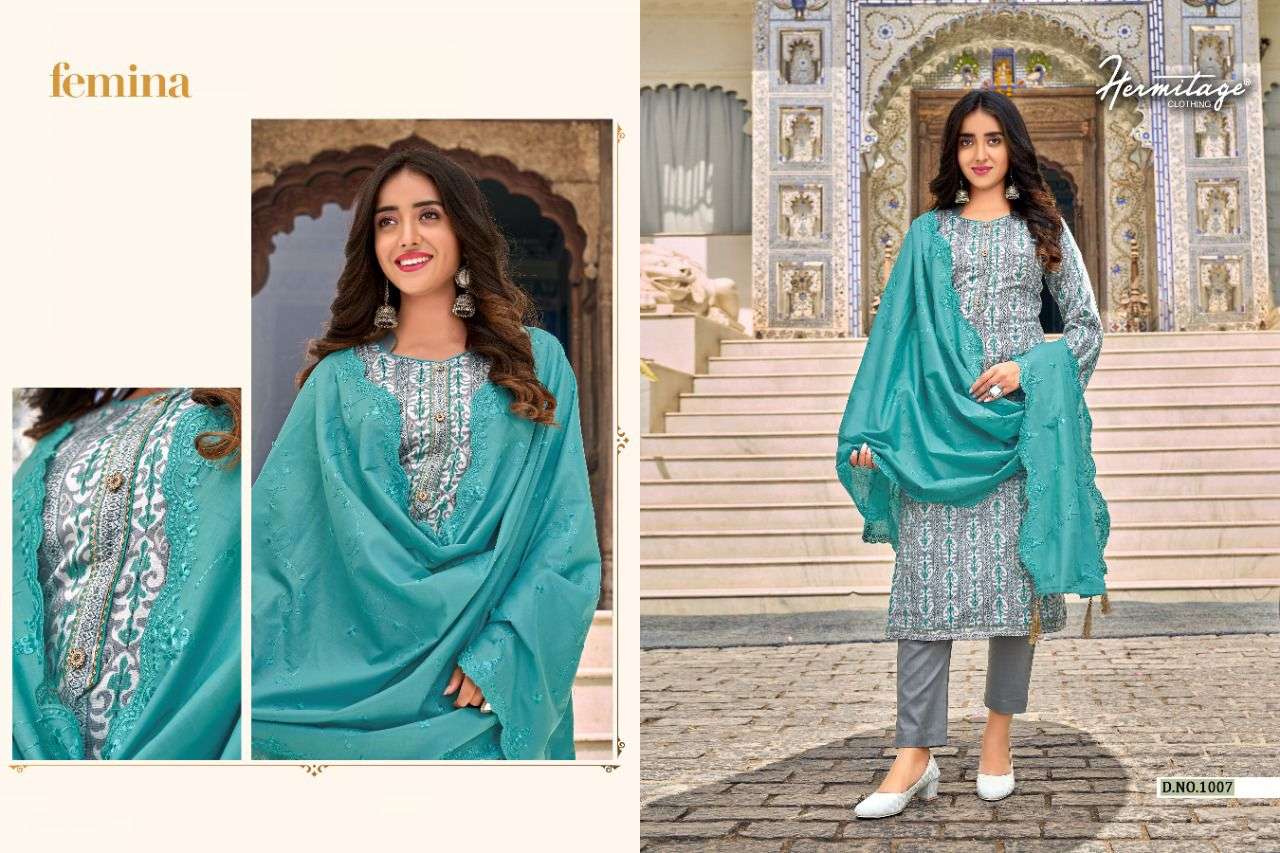 FEMINA BY HERMITAGE 1001 TO 1008 SERIES BEAUTIFUL SUITS COLORFUL STYLISH FANCY CASUAL WEAR & ETHNIC WEAR PURE COTTON SATIN PRINT DRESSES AT WHOLESALE PRICE