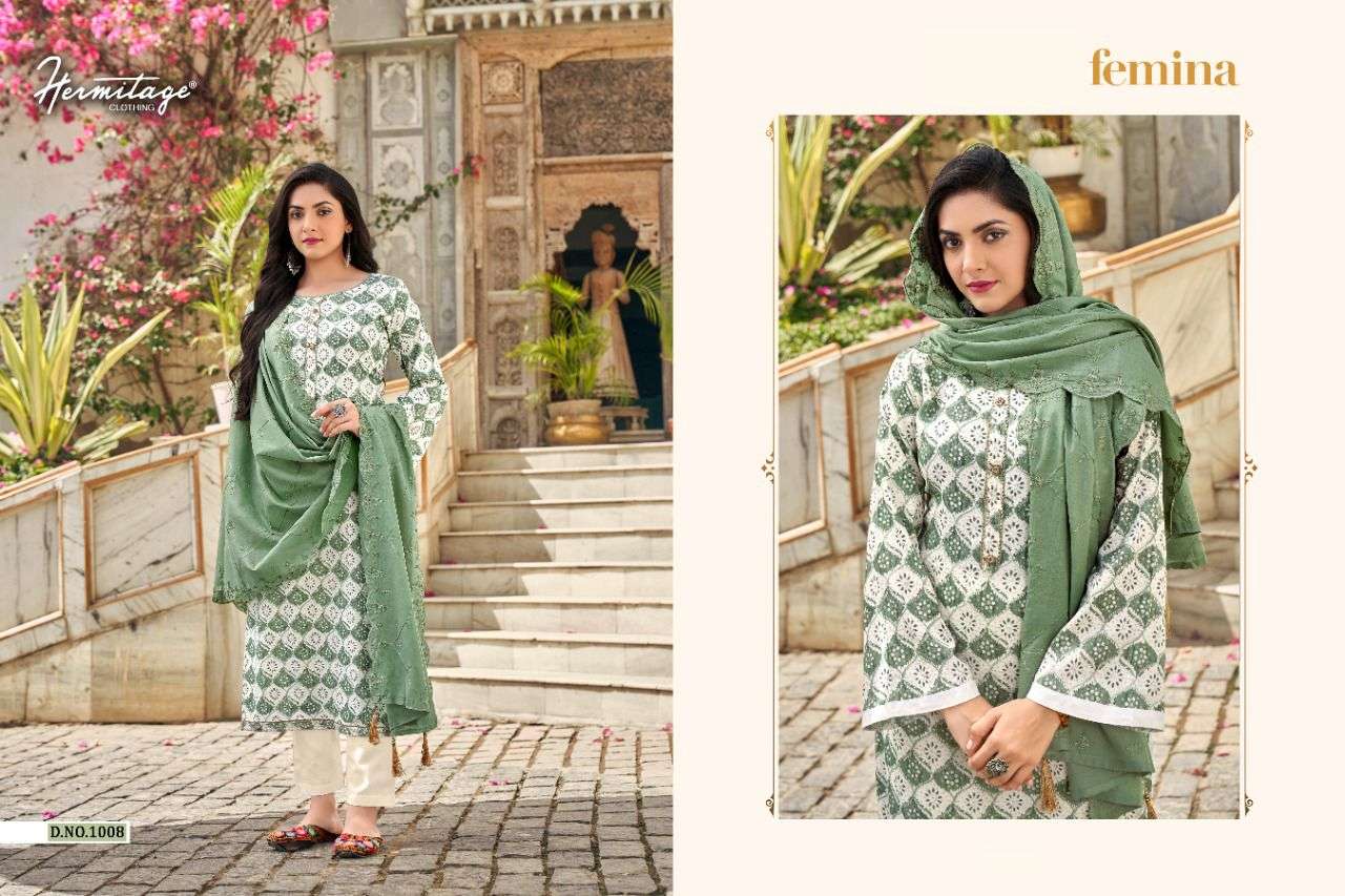 FEMINA BY HERMITAGE 1001 TO 1008 SERIES BEAUTIFUL SUITS COLORFUL STYLISH FANCY CASUAL WEAR & ETHNIC WEAR PURE COTTON SATIN PRINT DRESSES AT WHOLESALE PRICE