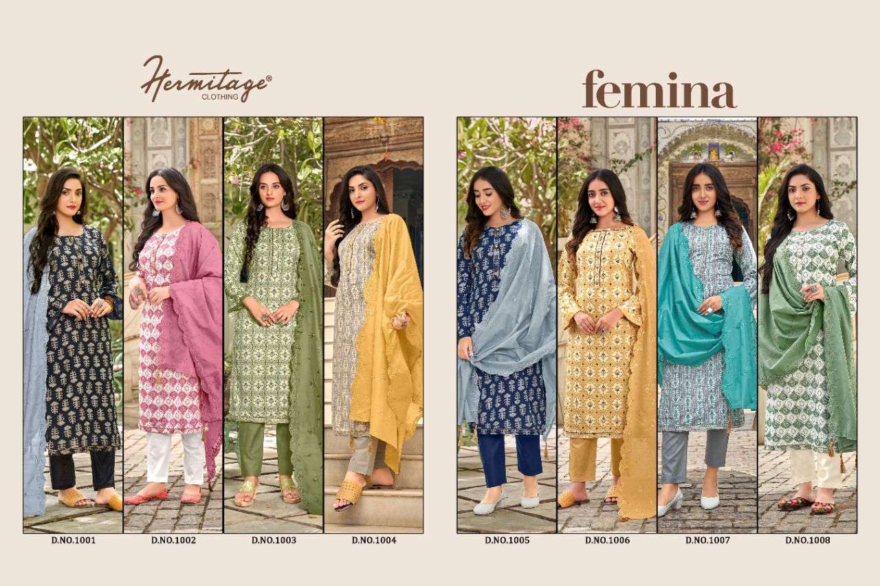 FEMINA BY HERMITAGE 1001 TO 1008 SERIES BEAUTIFUL SUITS COLORFUL STYLISH FANCY CASUAL WEAR & ETHNIC WEAR PURE COTTON SATIN PRINT DRESSES AT WHOLESALE PRICE
