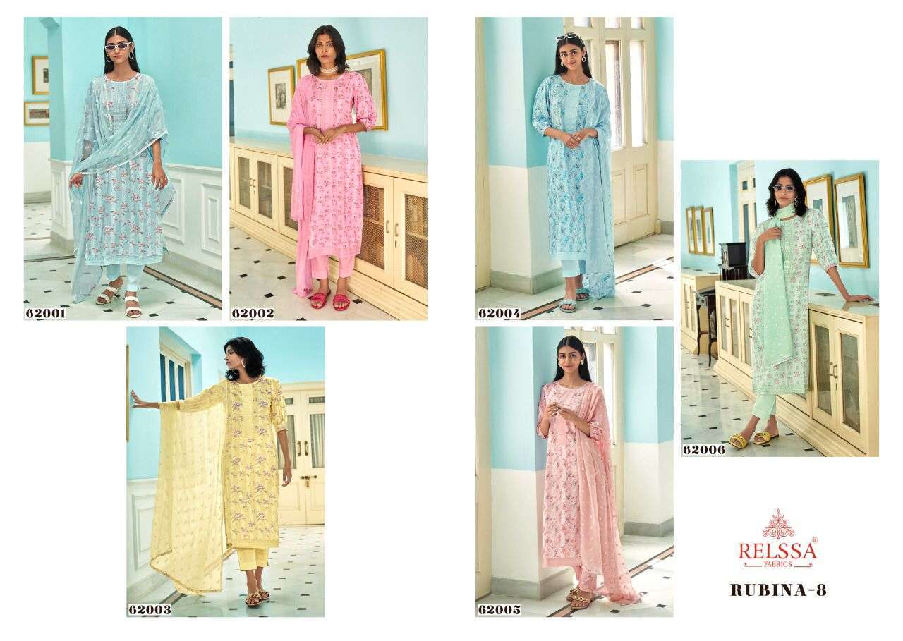 RUBINA VOL-8 BY RELSSA FABRICS 62001 TO 62008 SERIES BEAUTIFUL SUITS COLORFUL STYLISH FANCY CASUAL WEAR & ETHNIC WEAR PURE MODAL COTTON PRINT DRESSES AT WHOLESALE PRICE