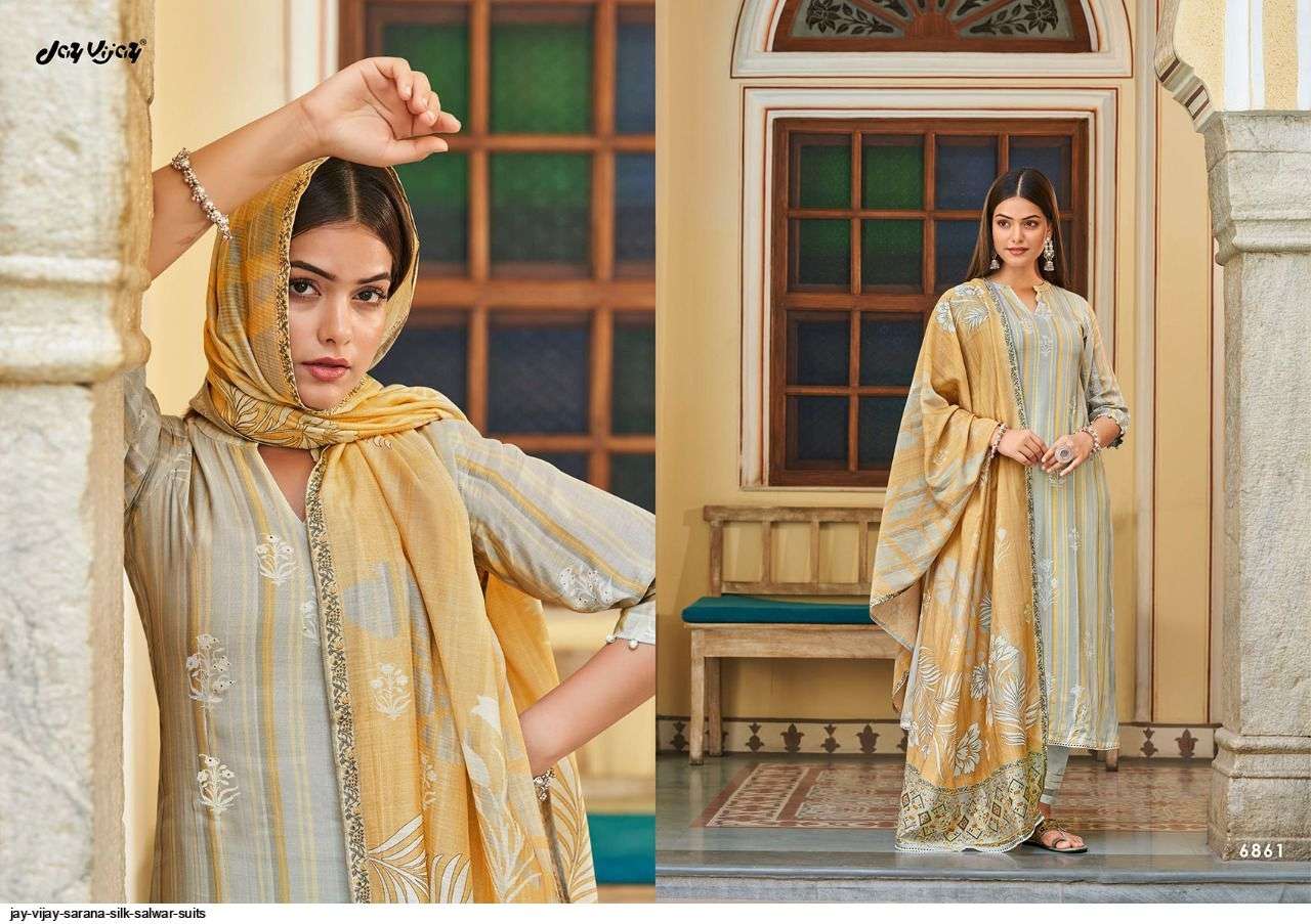 SARANA BY JAY VIJAY PRINTS 6861 TO 6866 SERIES BEAUTIFUL SUITS COLORFUL STYLISH FANCY CASUAL WEAR & ETHNIC WEAR PURE SILK DIGITAL PRINT DRESSES AT WHOLESALE PRICE