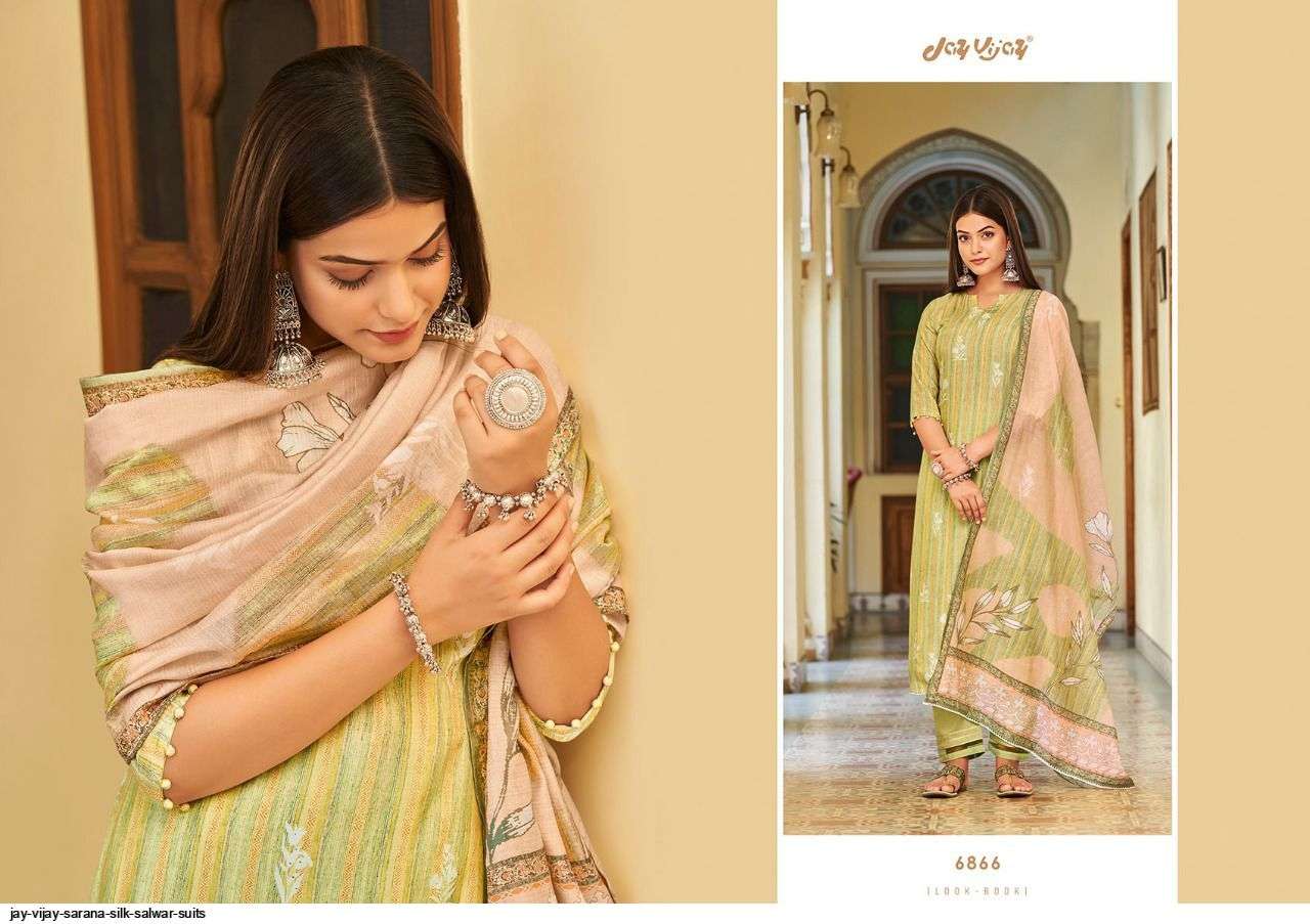 SARANA BY JAY VIJAY PRINTS 6861 TO 6866 SERIES BEAUTIFUL SUITS COLORFUL STYLISH FANCY CASUAL WEAR & ETHNIC WEAR PURE SILK DIGITAL PRINT DRESSES AT WHOLESALE PRICE