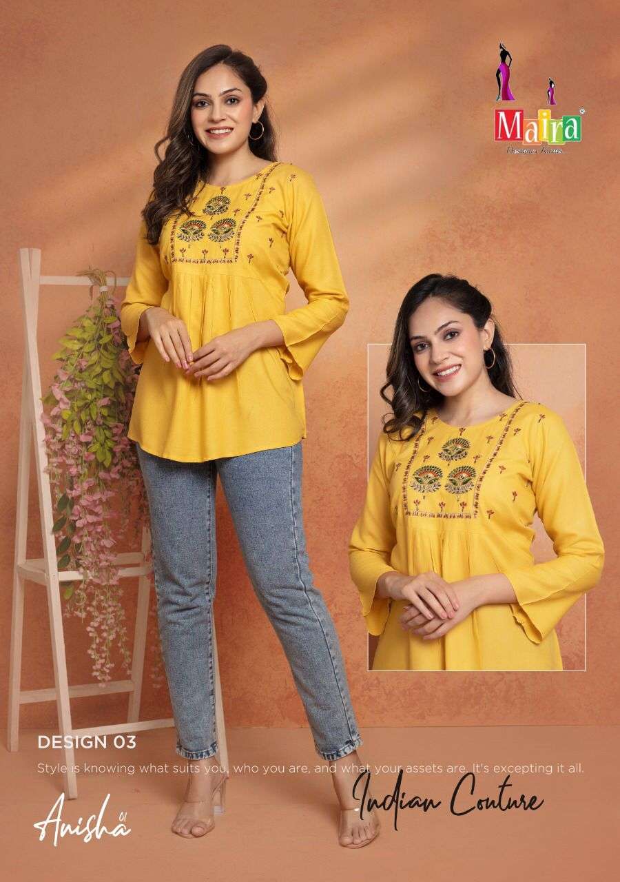 ANISHA BY MAIRA 01 TO 08 SERIES BEAUTIFUL STYLISH FANCY COLORFUL CASUAL WEAR & ETHNIC WEAR HEAVY RAYON TOPS AT WHOLESALE PRICE