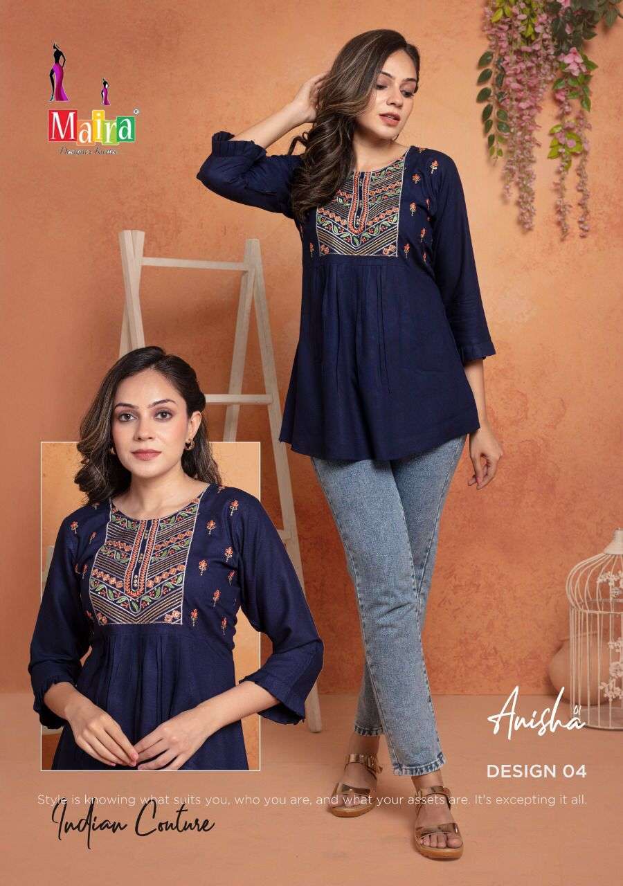 ANISHA BY MAIRA 01 TO 08 SERIES BEAUTIFUL STYLISH FANCY COLORFUL CASUAL WEAR & ETHNIC WEAR HEAVY RAYON TOPS AT WHOLESALE PRICE