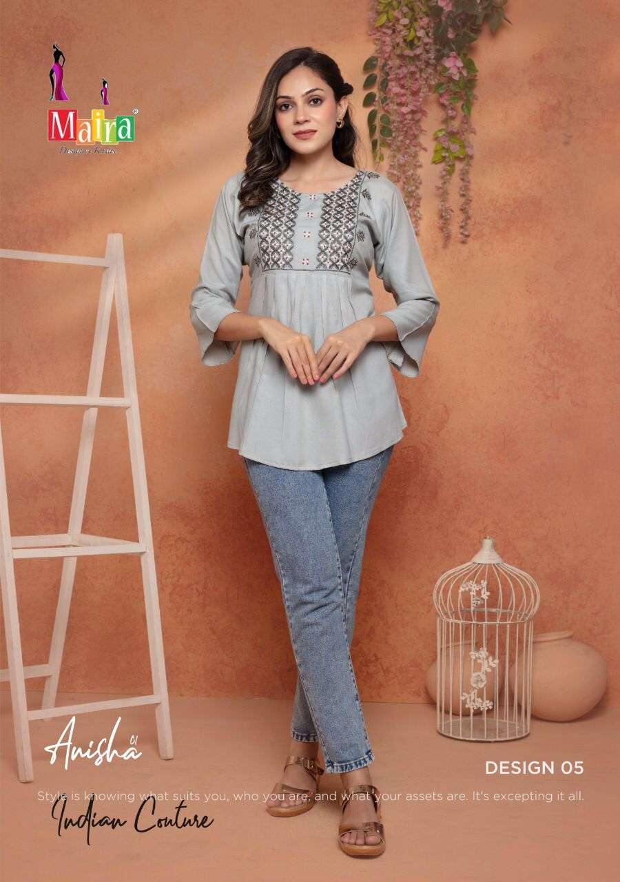 ANISHA BY MAIRA 01 TO 08 SERIES BEAUTIFUL STYLISH FANCY COLORFUL CASUAL WEAR & ETHNIC WEAR HEAVY RAYON TOPS AT WHOLESALE PRICE