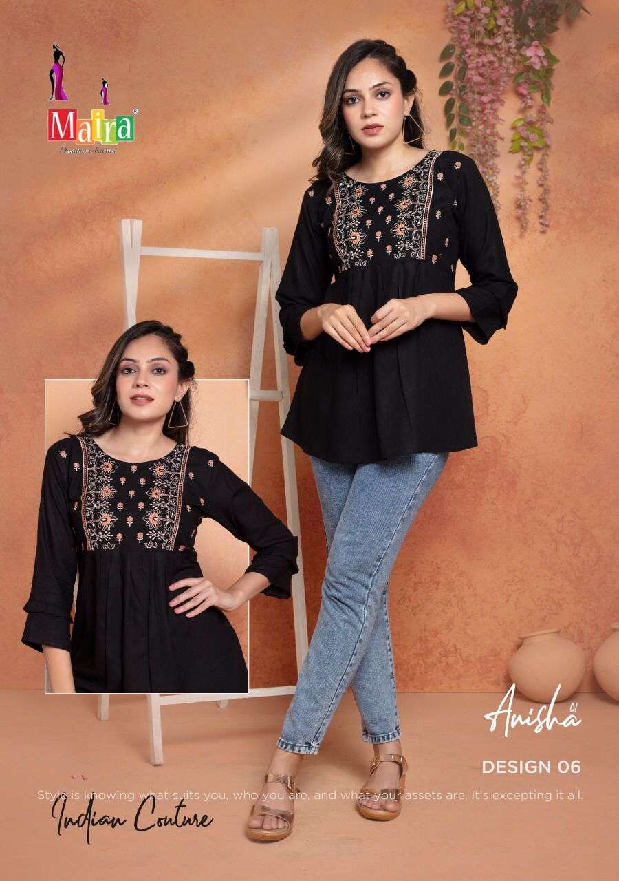 ANISHA BY MAIRA 01 TO 08 SERIES BEAUTIFUL STYLISH FANCY COLORFUL CASUAL WEAR & ETHNIC WEAR HEAVY RAYON TOPS AT WHOLESALE PRICE